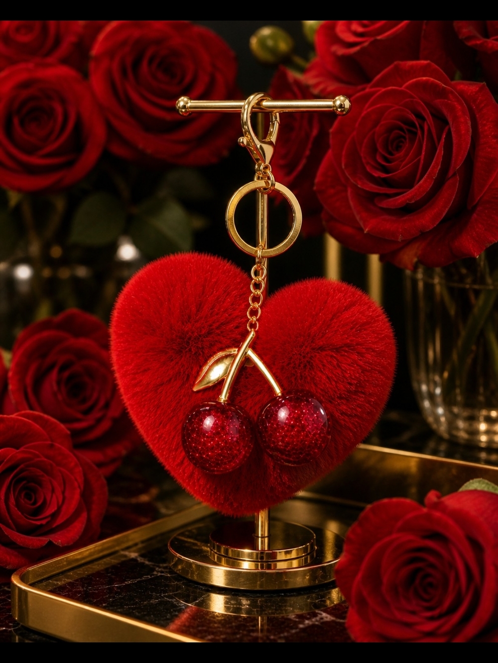 Red Heart Pom Pom Keychain with Cherry Charm